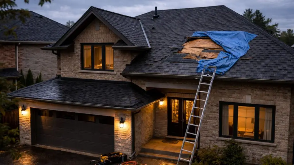 Storm-damaged residential roof covered with a blue tarp and ladder during an emergency roof repair on a suburban home.
