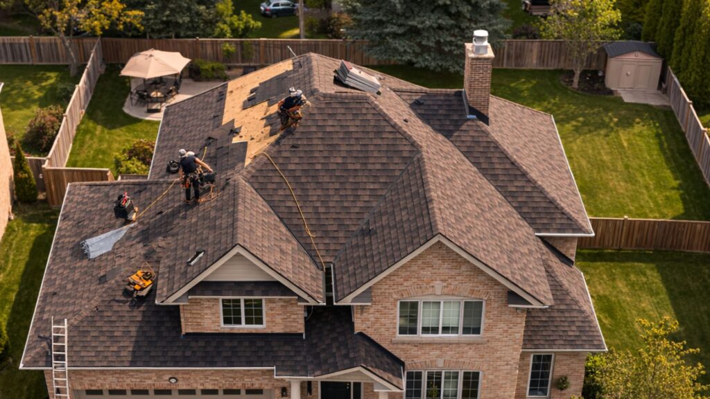 roofing contractors repairing damaged shingles on residential roof