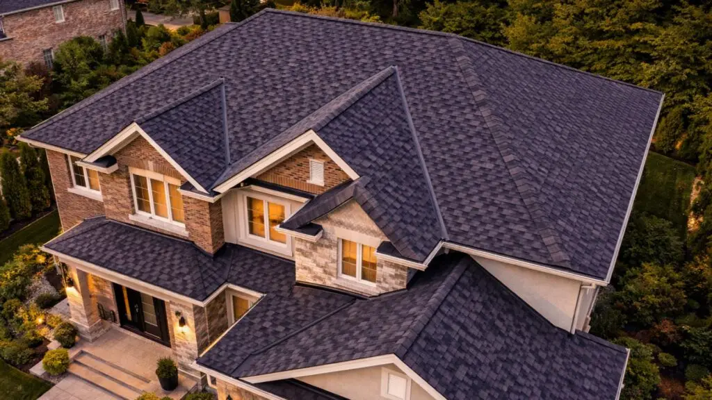 Aerial close-up of a residential asphalt shingle roof in Newmarket.
