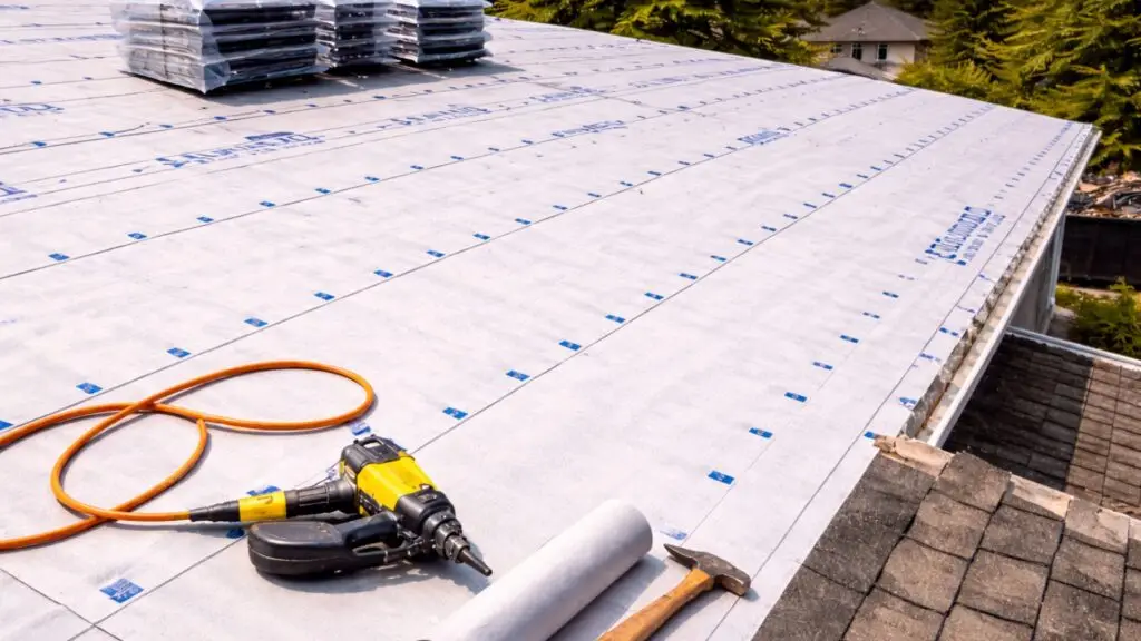 Residential roof with old shingles removed during a shingle roof replacement.