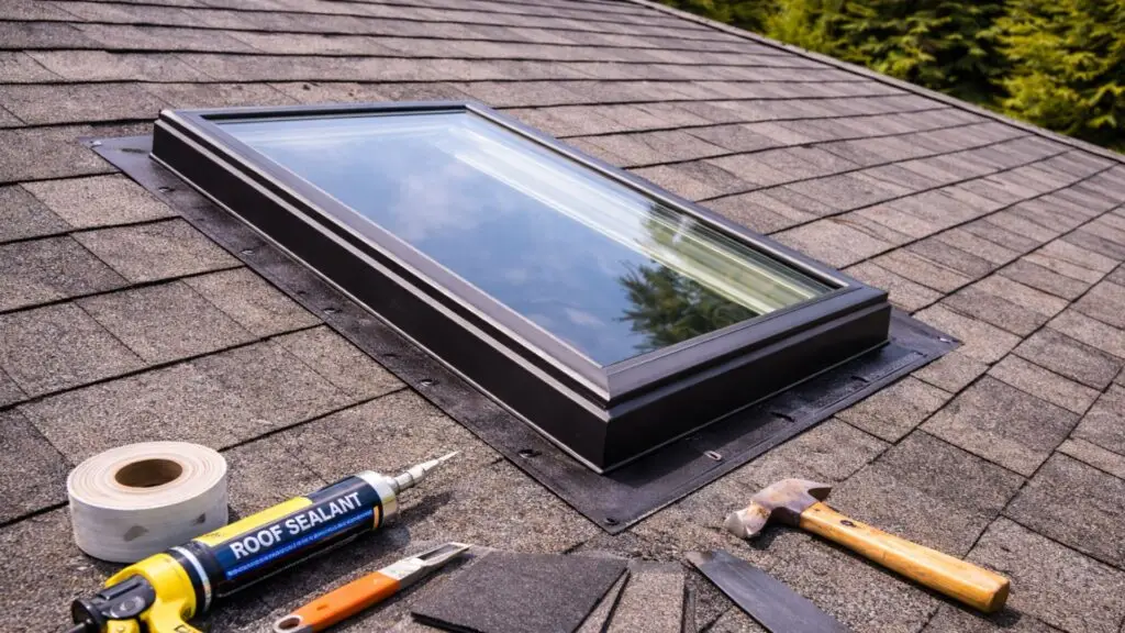 Repaired residential skylight with new flashing installed on an asphalt shingle roof.