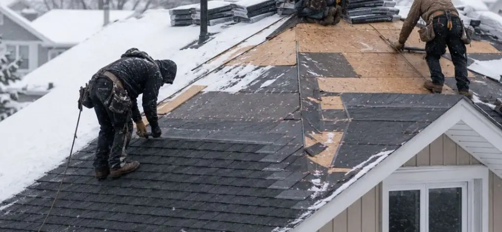 Professional roof replacement being completed on a snow-covered home during winter, with roofers installing new asphalt shingles in cold weather conditions.