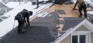 Professional roof replacement being completed on a snow-covered home during winter, with roofers installing new asphalt shingles in cold weather conditions.